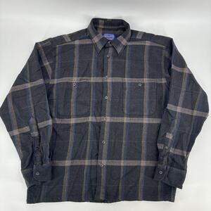 Vintage Pendleton Flannel Shirt Men Medium Brown Black Wool Plaid Pockets Boxy